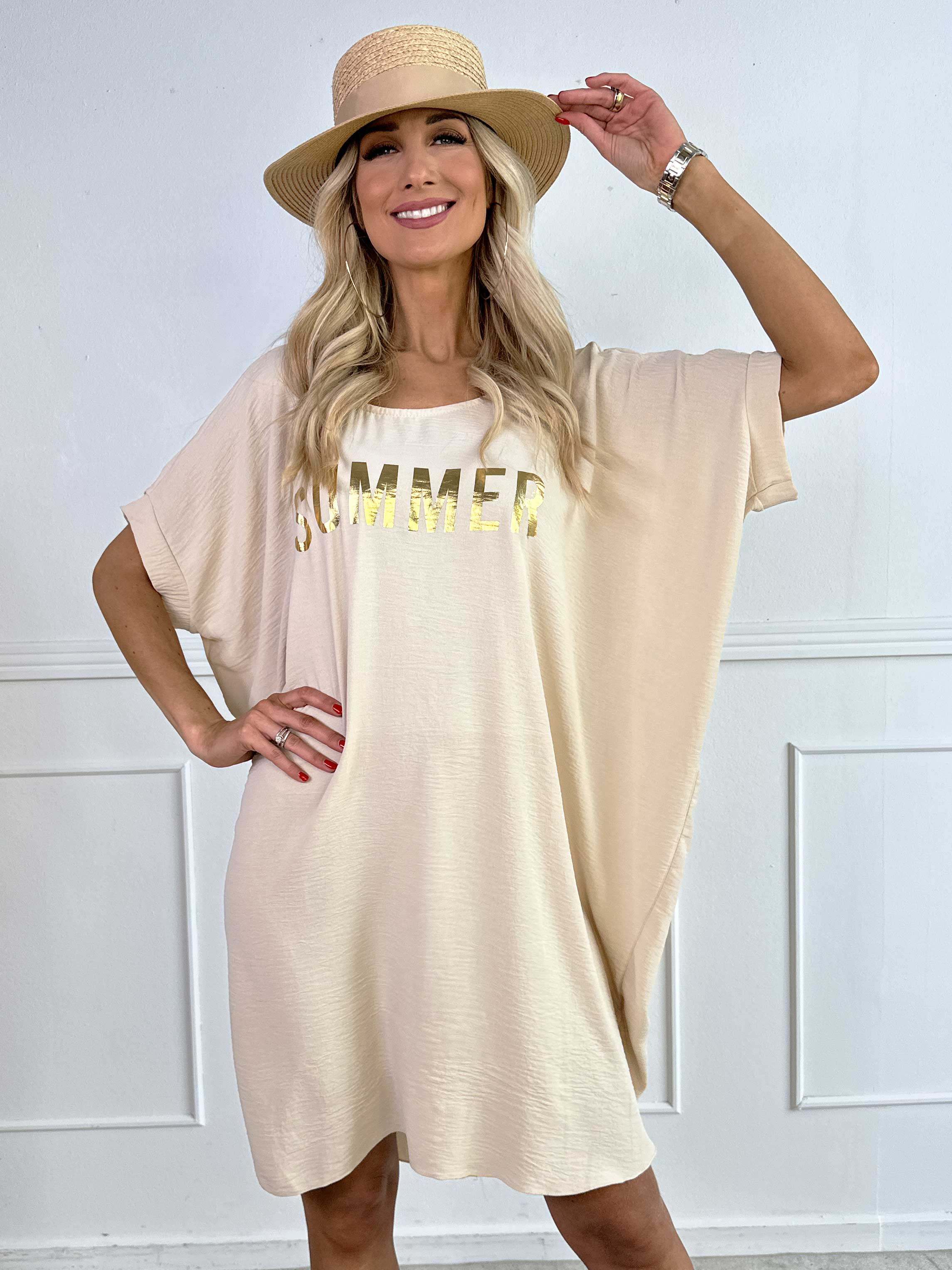 Bine - Sød kjole i løs pasform med guld print på brystet